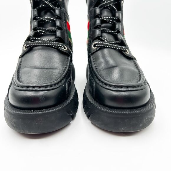 Gucci GG Web Stripe Lug Sole Black Leather Quebec Combat Boots Size 39, 9 - Picture 3 of 12